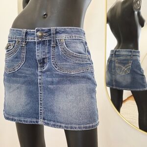 Y2K Denim Mini Skirt – Sweet Jeans, Low-Rise Stretch Fit, Size 7